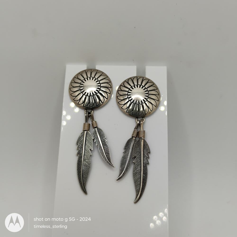 Southwest Fan Concho and Feather Sterling Silver Post Back Earrings